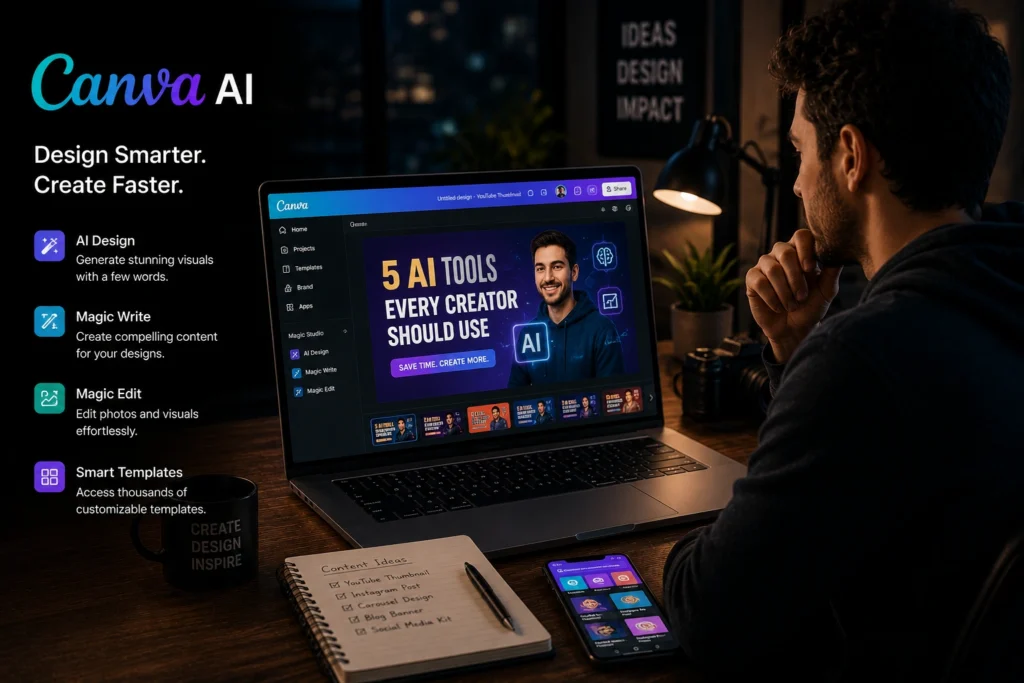 Canva AI helping creators design social media graphics, presentations, thumbnails, and marketing content
