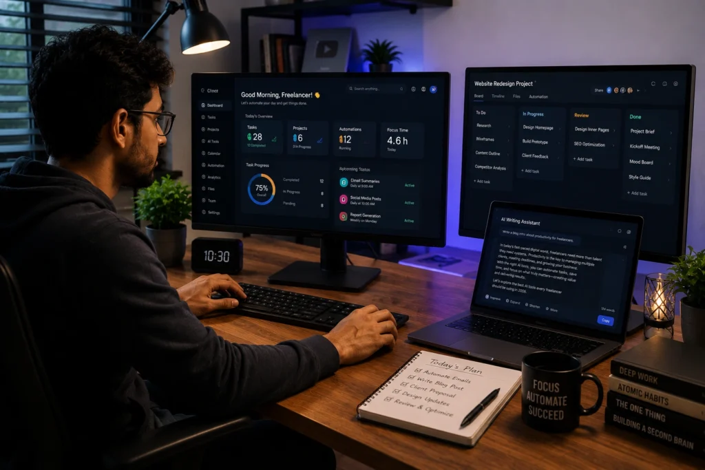 Freelancer using AI tools to automate tasks, manage projects, and improve productivity