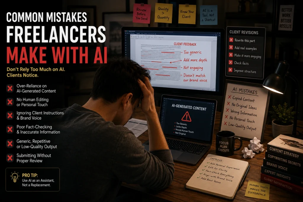 Freelancer struggling with common AI mistakes such as overreliance on automation, poor communication, and lack of human expertise
