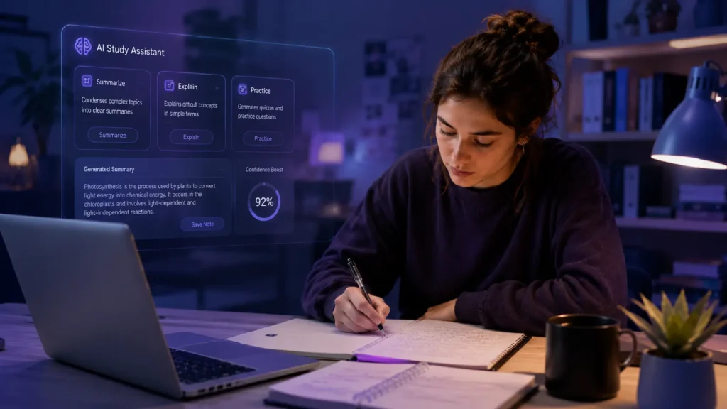 Student using free AI study assistant tools to summarize lessons, practice concepts, take notes, and improve learning outcomes at home