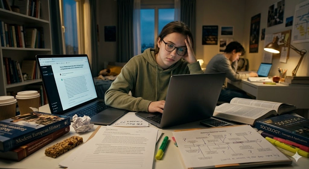 Student overwhelmed by AI-generated information while studying, highlighting common mistakes such as overreliance on AI and lack of critical thinking