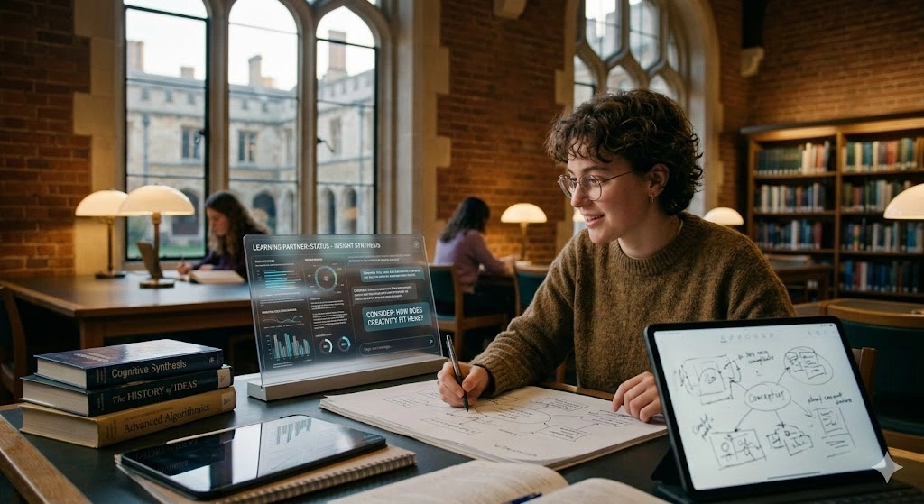 Student using AI-powered study tools in a university library while taking notes and organizing ideas, demonstrating productive and responsible use of artificial intelligence for learning.