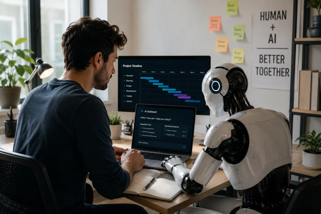 Professional using AI productivity tools to stay organized and complete work more efficiently