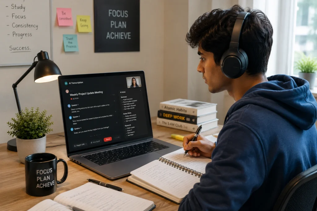 Otter AI transcribing meetings and generating notes automatically for productivity