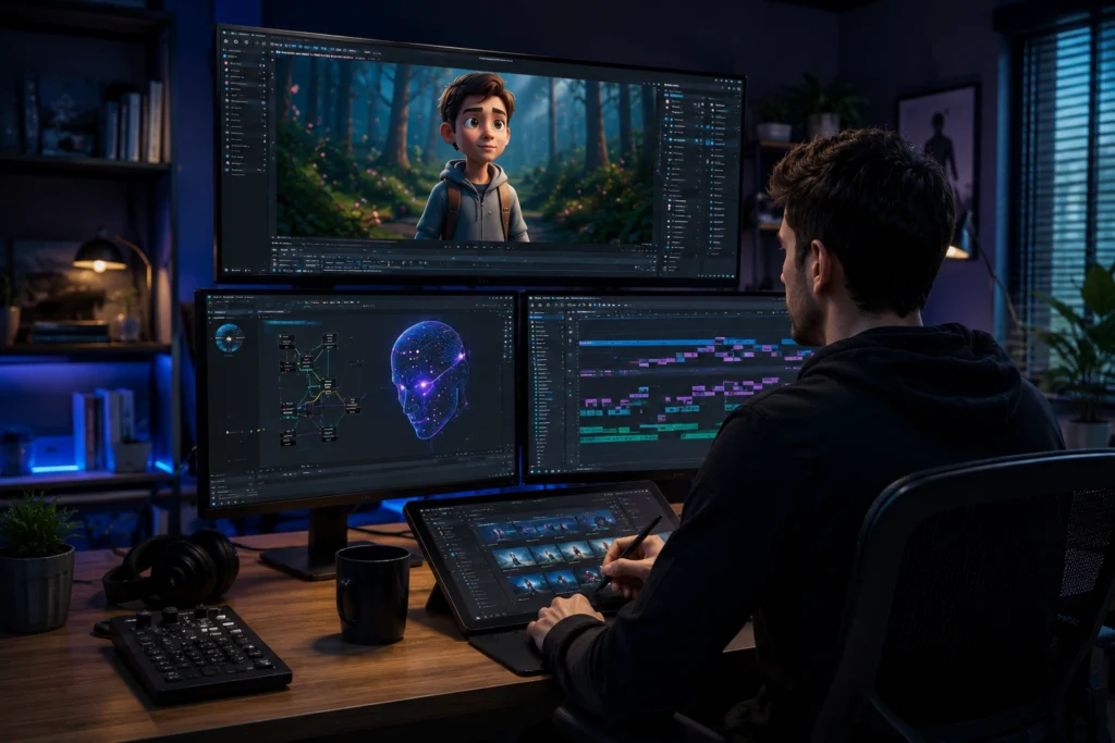 Content creator using AI animation software to create animated characters, motion graphics, and video content across multiple professional editing screens.