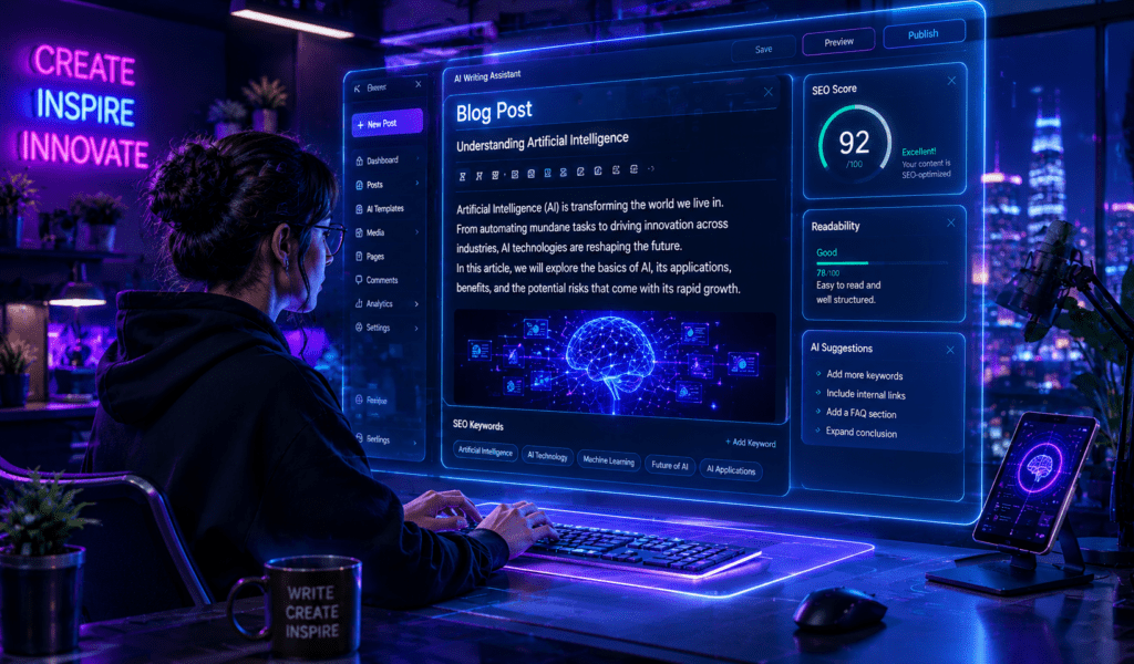 AI writing tools helping writers create blog posts, generate content ideas, optimize SEO, and improve content quality