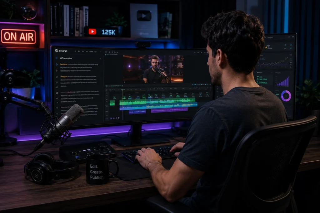 YouTube creator using Descript AI for video editing, automatic captions, podcast editing, transcript-based editing, and content production