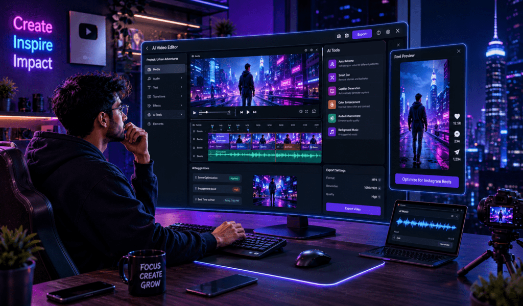 AI video editing tools helping creators edit videos, generate captions, create short-form content, and optimize social media videos