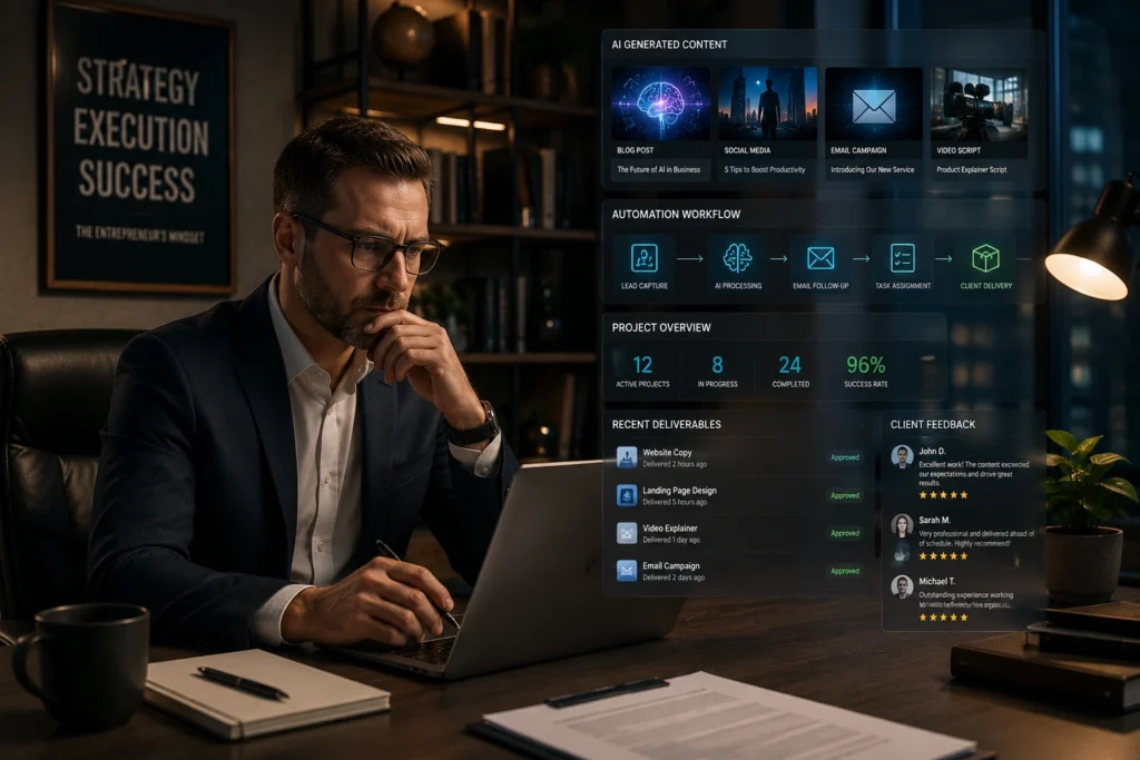 Freelancer using AI skills for content creation, automation, client management, and business productivity in 2026