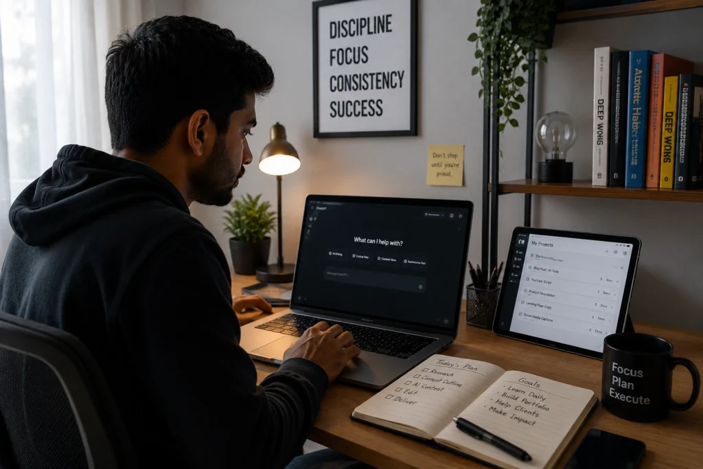 Freelance researcher using AI-powered research tools to gather information, analyze data, organize findings, and create research reports for clients.