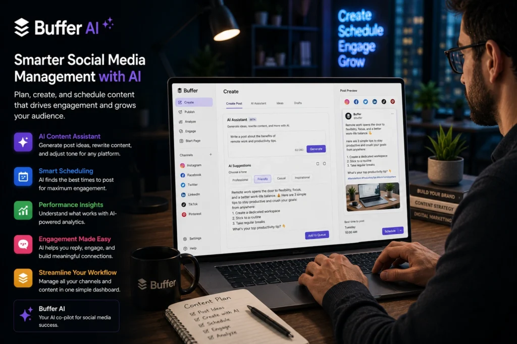 Professional using Buffer AI to schedule social media content, automate posting, manage content calendars, and track audience engagement across multiple platforms