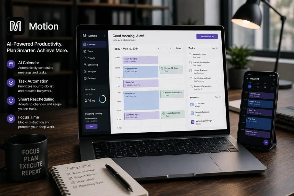 Motion AI productivity app automatically scheduling tasks, managing calendars, and optimizing daily workflows
