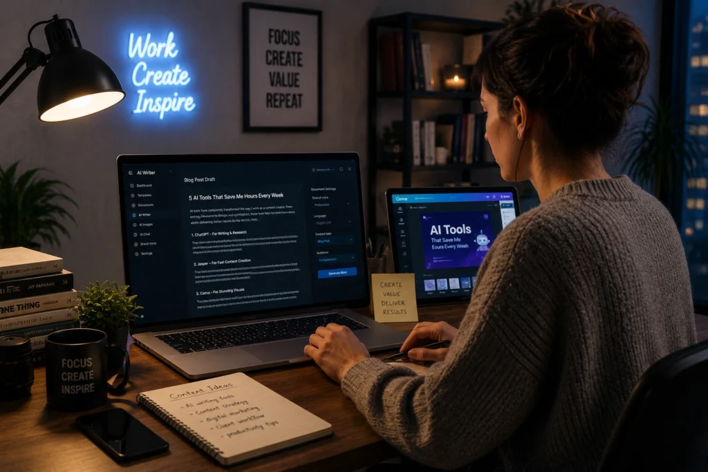 Freelance content creator using AI writing tools and content creation software to produce blog posts, social media content, and marketing materials for clients.