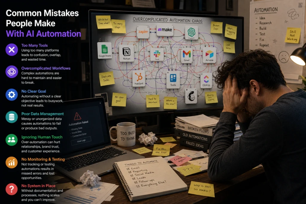 Professional working with multiple AI automation tools and workflow platforms, showing common automation mistakes such as tool overload, overcomplicated workflows, and poor system management.