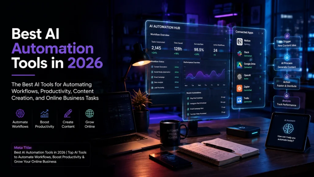 Best AI automation tools dashboard displaying workflow automation, productivity tracking, content management, and business process automation in a modern workspace