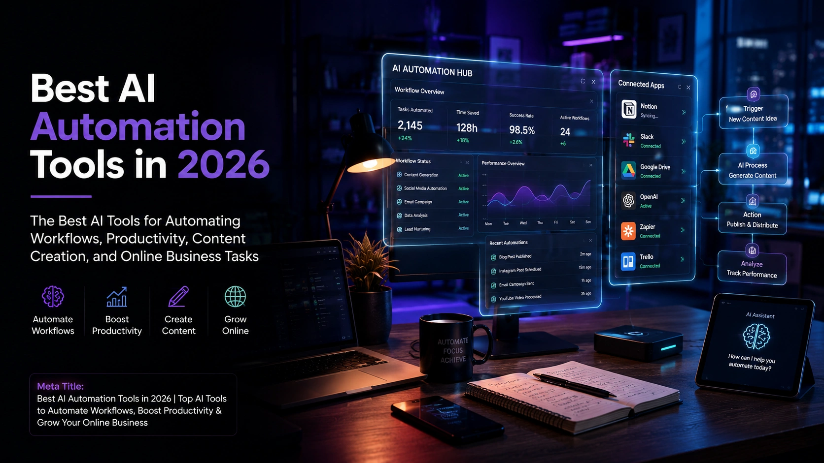Best AI automation tools dashboard displaying workflow automation, productivity tracking, content management, and business process automation in a modern workspace