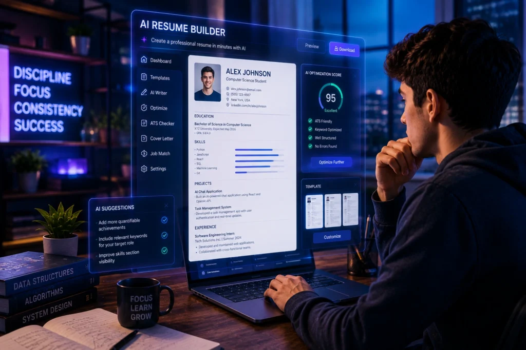 Student using Kickresume AI resume builder to create a professional resume with AI writing assistance, ATS optimization, resume templates, cover letter tools, and career guidance features.
