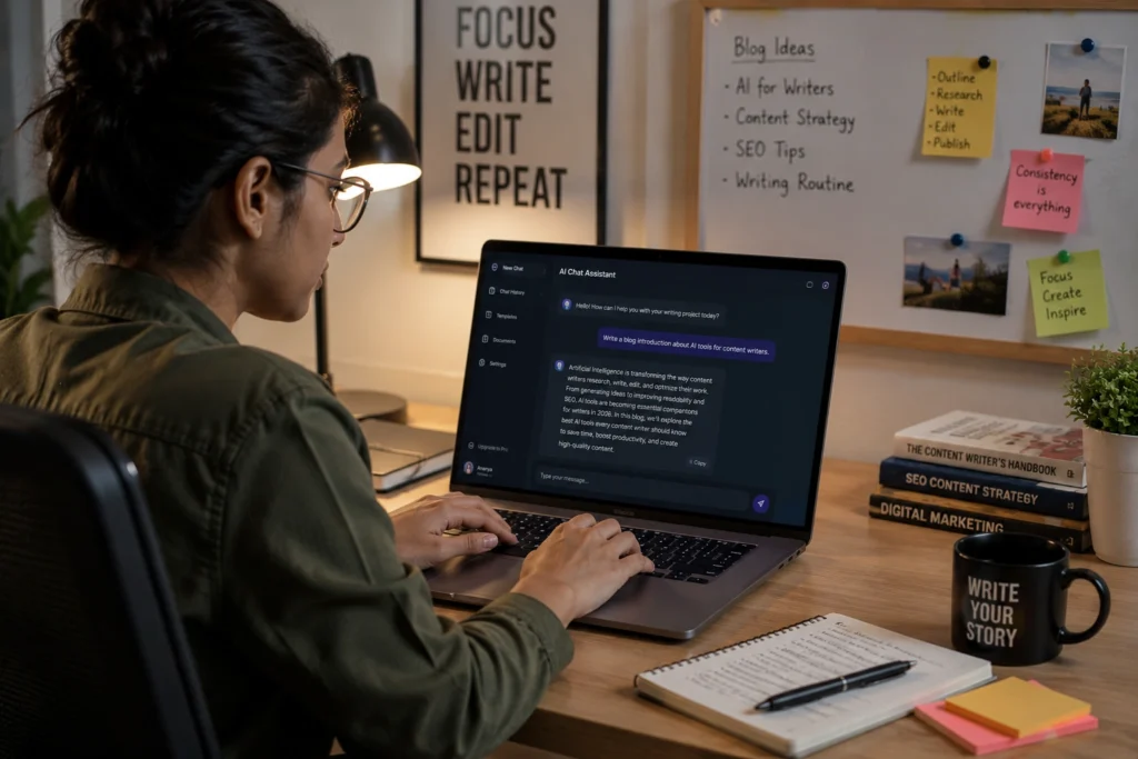 Freelance writer using ChatGPT to plan content, organize ideas, conduct research, and improve writing productivity in a focused home office workspace