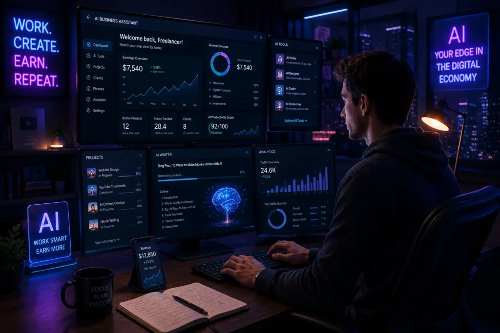 Freelancer using AI-powered business and productivity tools to manage online income, content creation, marketing, and digital services