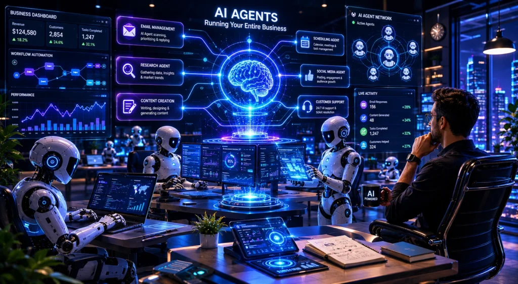 AI agents automating business workflows, content creation, customer support, and productivity tasks in 2026