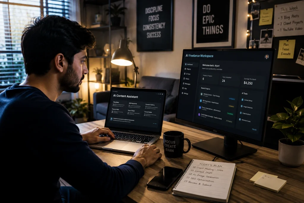 Freelancer using AI tools for market research, competitor analysis, data analysis, and business insights