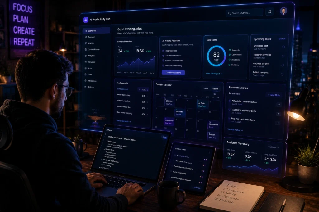 Blogger using AI productivity and research tools to manage content planning, keyword research, task organization, SEO workflows, note-taking, and blog publishing from a centralized dashboard.