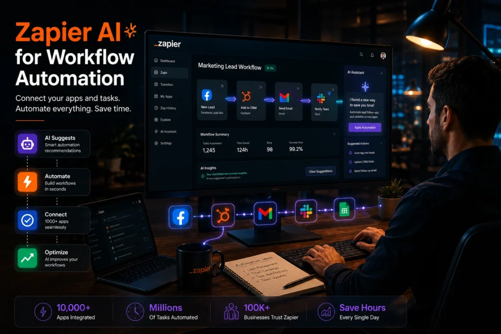 Professional using Zapier AI to automate workflows, connect business apps, manage leads, and streamline productivity across multiple platforms