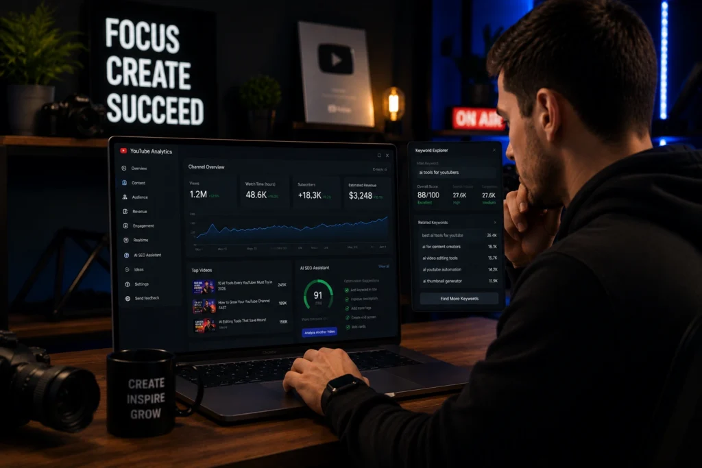 YouTube creator using VidIQ for keyword research, trend analysis, video optimization, competitor research, and channel growth strategy