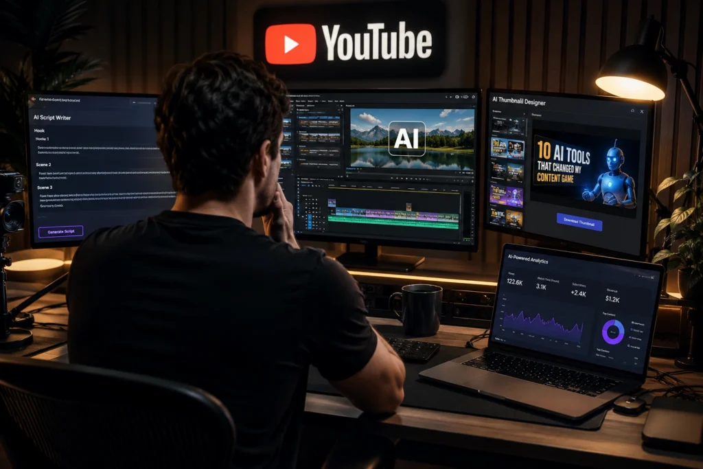 Small YouTube creator using AI tools for video editing, thumbnail creation, content planning, analytics tracking, and channel growth