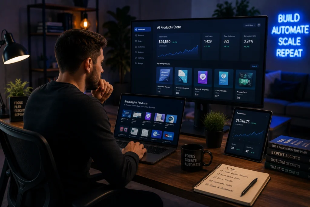 Entrepreneur selling AI-generated digital products through an online store dashboard while using automation and analytics tools to grow digital income.