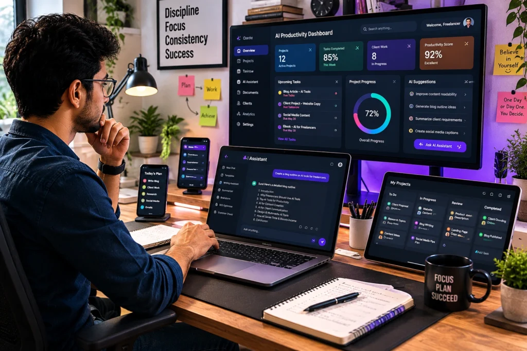 Freelancer using Notion AI dashboards to manage client projects, track deadlines, organize research, and streamline workflow from a modern workspace