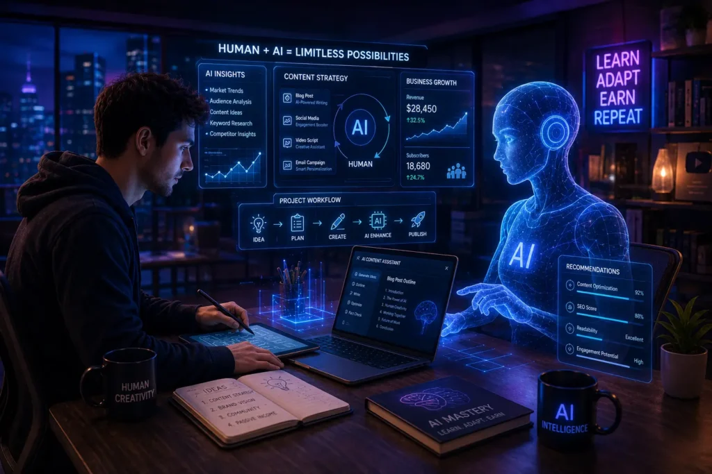 Human creator collaborating with AI assistant to learn skills, create content, analyze data, and build online income opportunities in a modern digital workspace