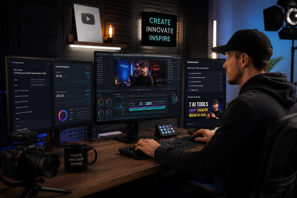 YouTube creator using AI tools for video editing, content planning, thumbnail creation, analytics tracking, and channel growth optimization