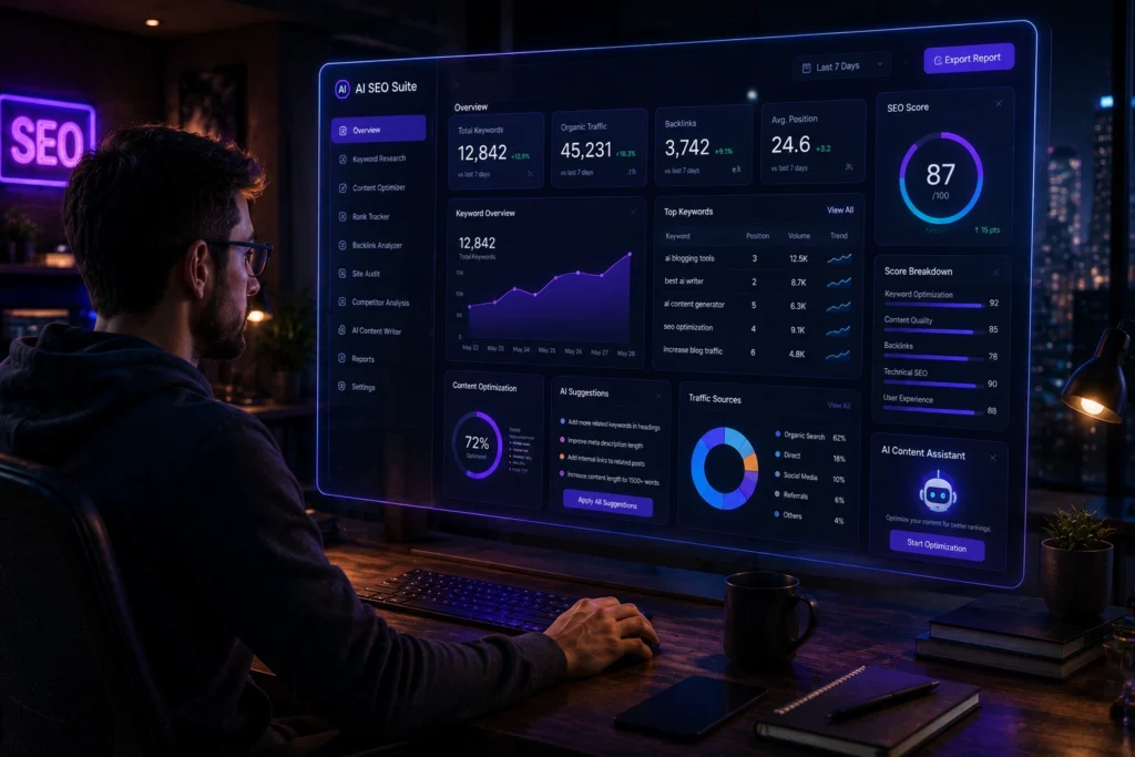 SEO specialist using AI-powered SEO tools for keyword research, content optimization, rank tracking, competitor analysis, and search performance monitoring.