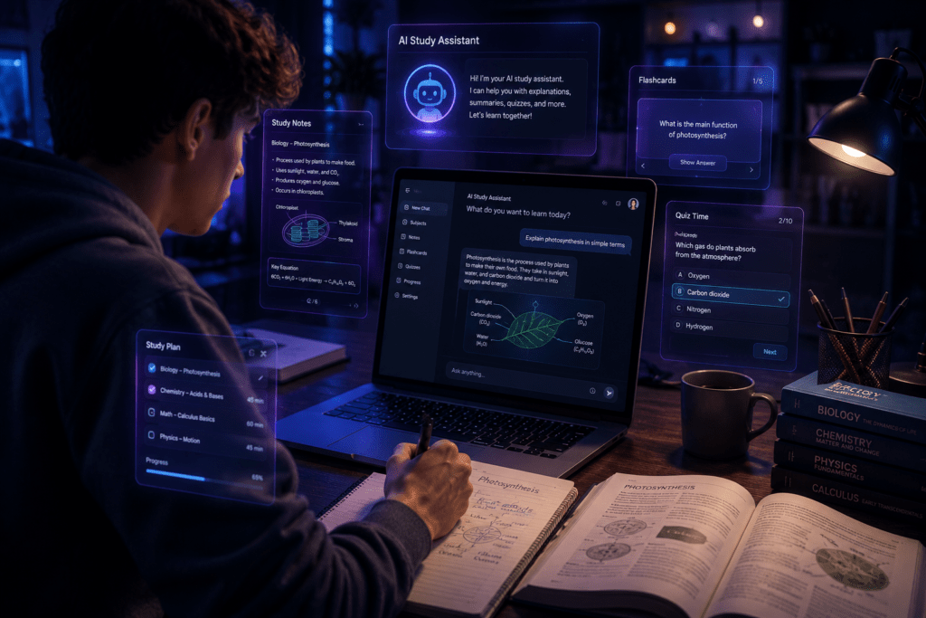 AI chatbot for students helping with learning, research, note-taking, quizzes, summaries, and academic productivity