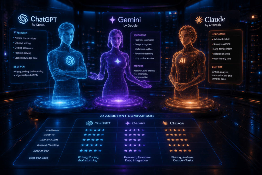 ChatGPT vs Gemini vs Claude AI comparison showing strengths, features, and best use cases for different users