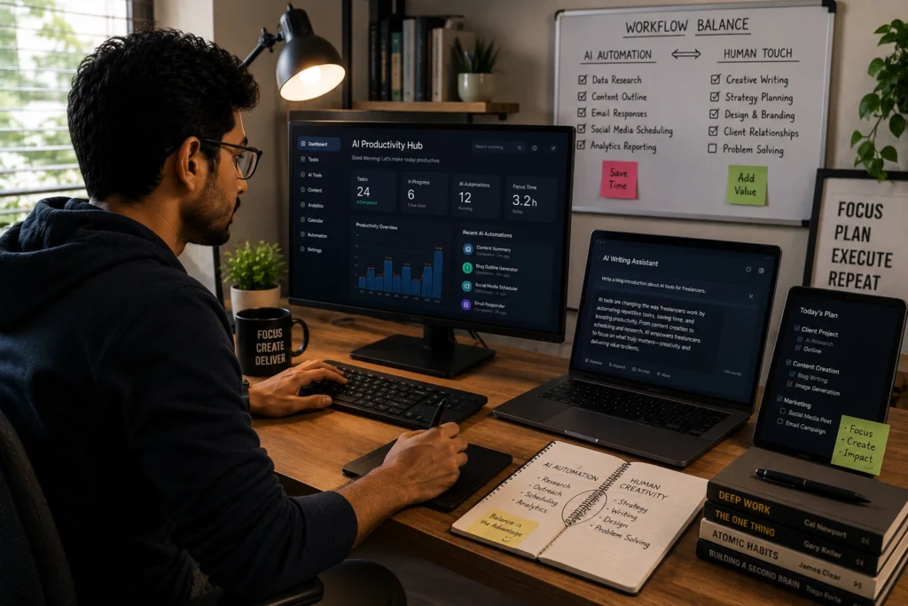 Freelancer reviewing and refining AI-generated content while balancing automation with human creativity and expertise