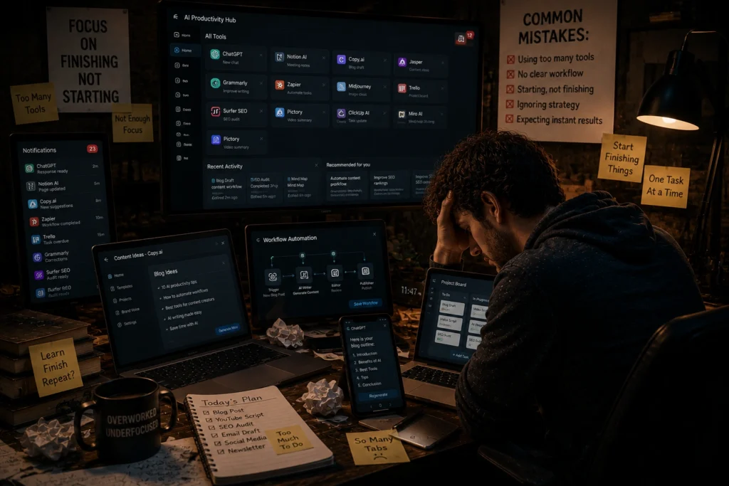 Overwhelmed professional using multiple AI productivity tools while struggling with focus, unfinished tasks, mental fatigue, and workflow overload caused by excessive automation.