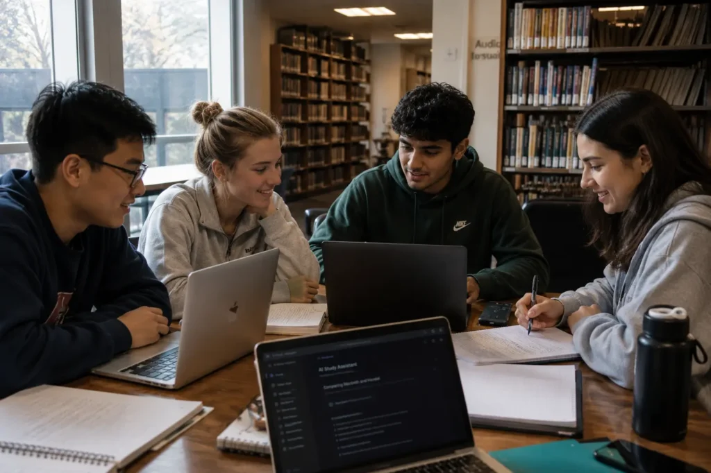Students using AI productivity tools in a library to manage study schedules, track assignments, collaborate on projects, and improve time management