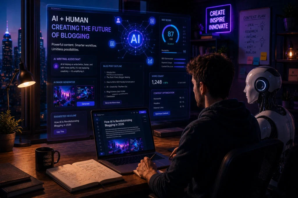 Blogger using AI-powered content creation tools and SEO analytics dashboard to plan, write, optimize, and publish blog content while combining human creativity with artificial intelligence.