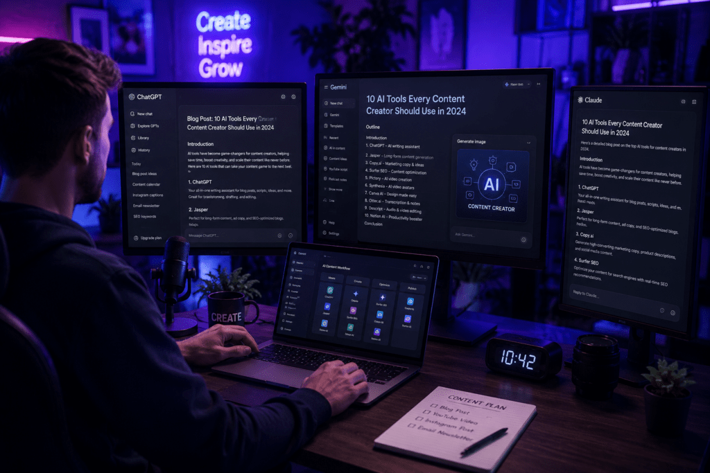 Content creator using ChatGPT, Google Gemini, and Claude AI for content creation, research, writing, and productivity workflows