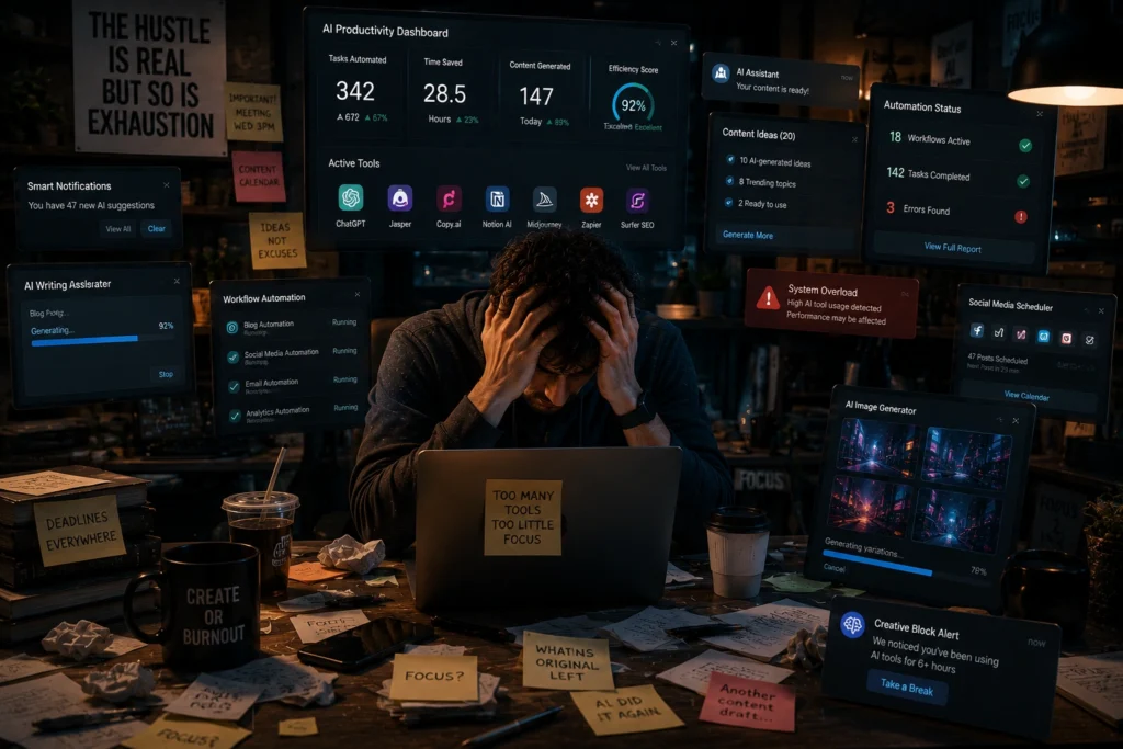 Overwhelmed professional surrounded by AI productivity dashboards, automation tools, notifications, and workflow systems, illustrating the mental fatigue, burnout, and cognitive overload caused by excessive automation.
