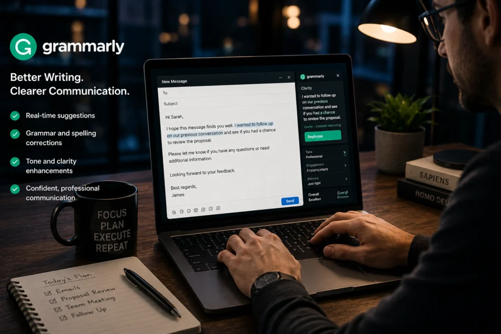 Grammarly AI helping improve writing clarity, grammar, tone, and professional communication