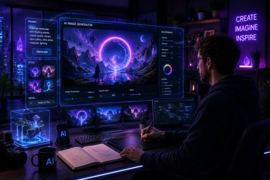 AI image generation tools helping designers create digital artwork, graphics, marketing visuals, and creative content