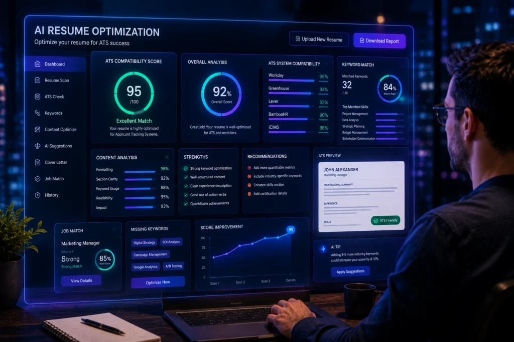 Professional using Rezi AI resume optimization software to analyze ATS compatibility, improve resume keywords, increase resume scores, and optimize job applications for applicant tracking systems.