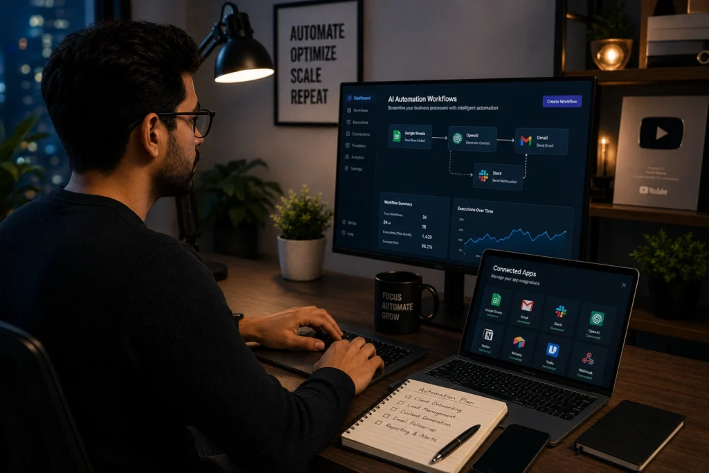 Freelancer building AI-powered business automation workflows using productivity tools, email automation, customer management systems, and workflow software.