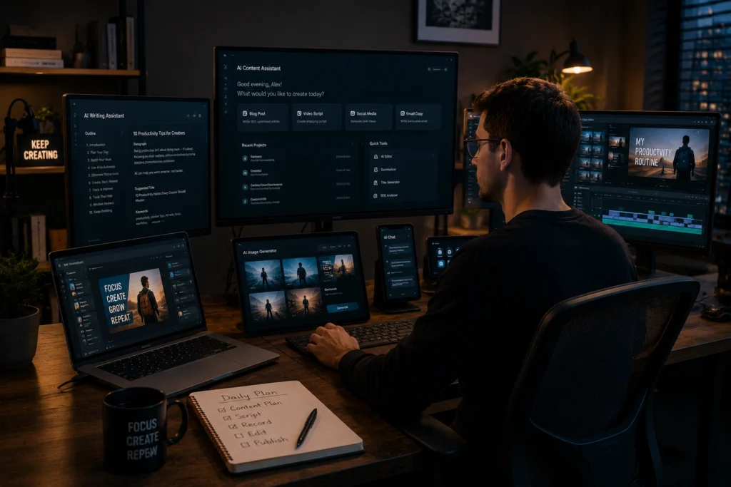 Beginner creator using AI-powered content creation tools to learn writing, content planning, editing, and digital marketing skills faster through AI-assisted workflows.