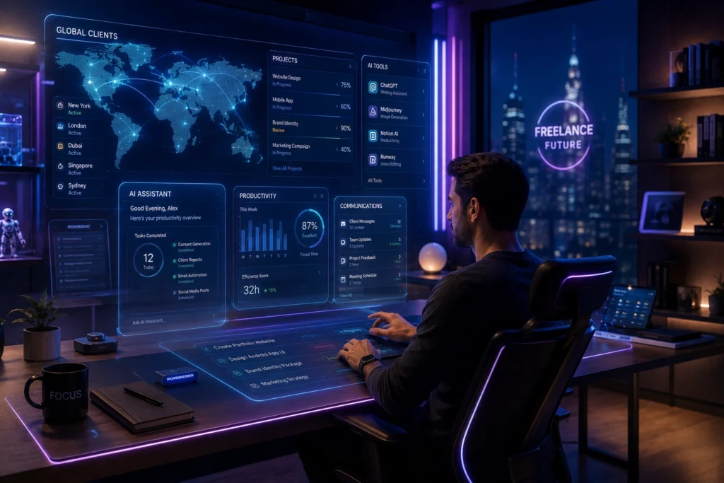 Freelancer using AI tools and automation systems to manage global clients, projects, and productivity in the future of work