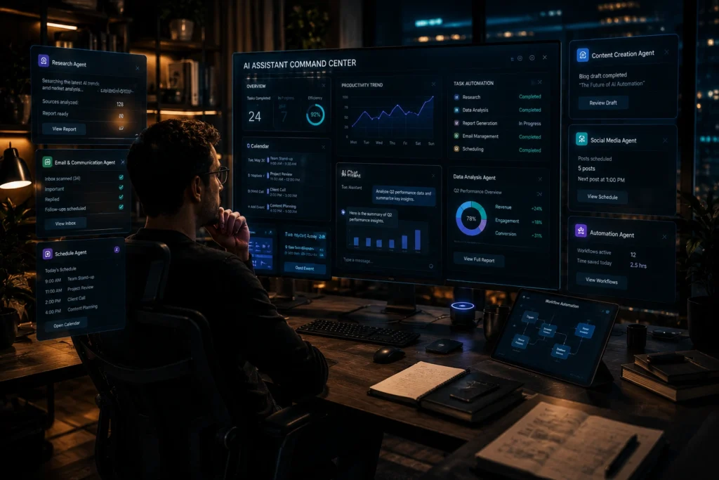 Professional using AI agents to automate workflows, manage tasks, and improve productivity in 2026