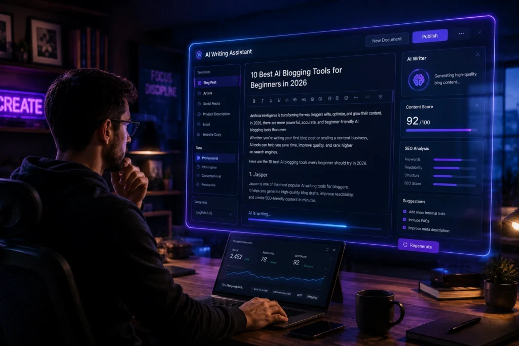 Blogger using AI writing and productivity tools to create blog content, improve SEO, organize workflows, and manage content publishing from a digital writing dashboard.